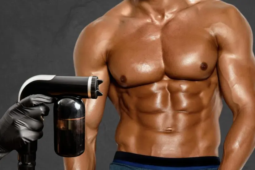 Spray tanning for men showing a muscular man receiving a professional full-body spray tan treatment