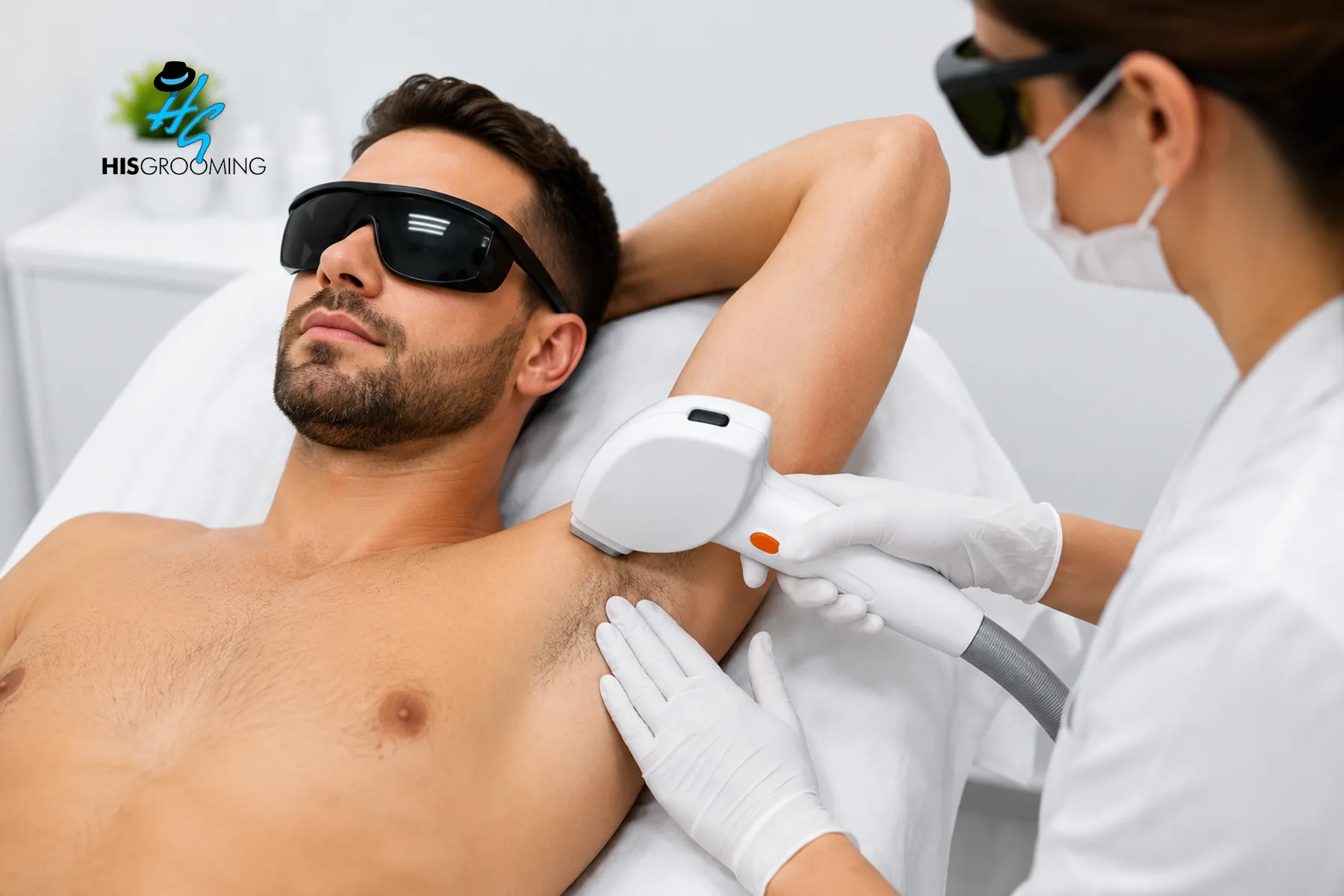 Man receiving laser hair removal treatment on his underarm while wearing protective goggles in a modern clinic.