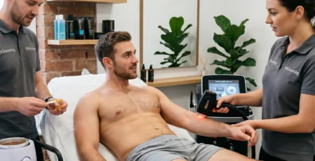 Male client receiving laser hair removal treatment at HisGrooming Perth clinic with two therapists and wax warmer visible