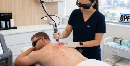 Male patient receiving back laser hair removal treatment at a Perth laser clinic