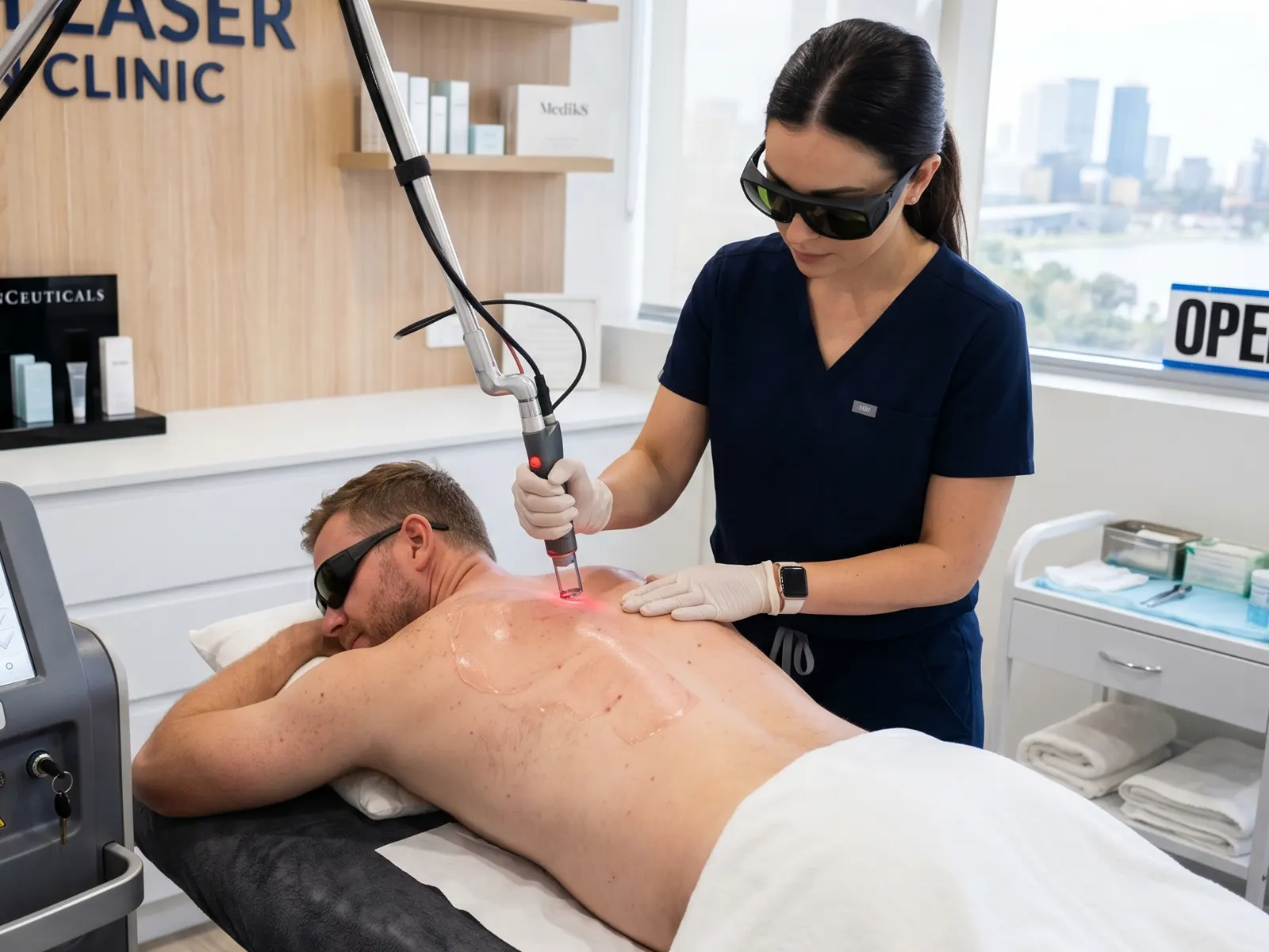 Male patient receiving back laser hair removal treatment at a Perth laser clinic