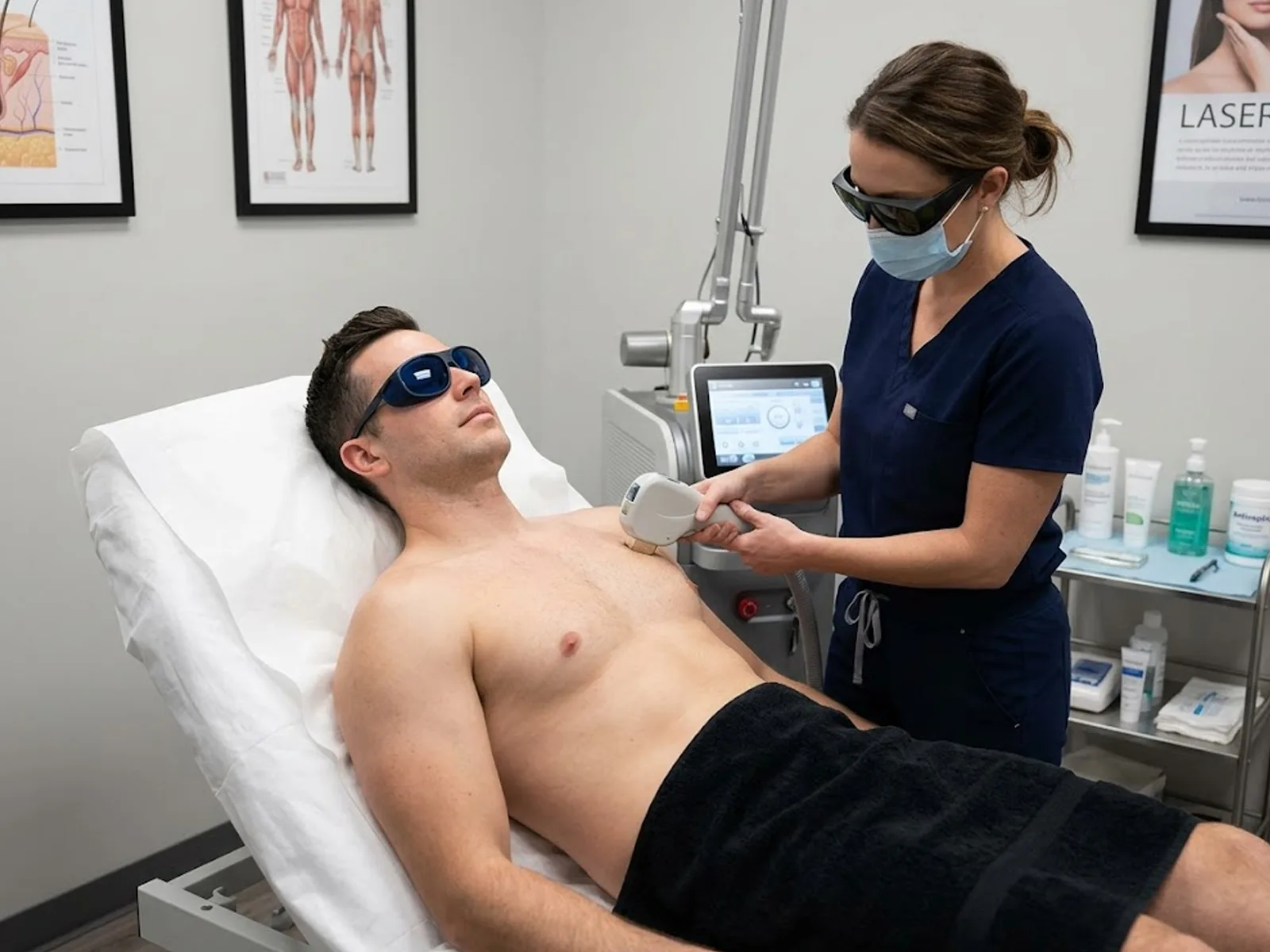 Male client receiving chest laser hair removal treatment at a Perth skin clinic