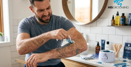 Man wincing while pulling a wax strip off his arm, illustrating common waxing mistakes men make at home