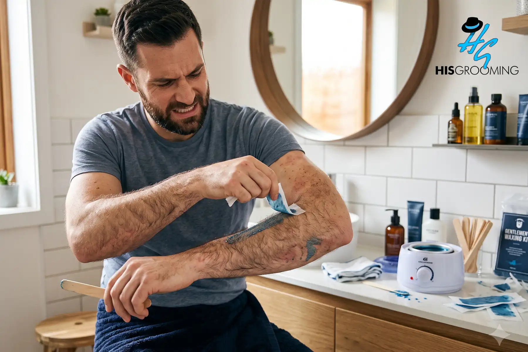 Man wincing while pulling a wax strip off his arm, illustrating common waxing mistakes men make at home