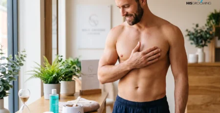 Man checking smooth chest skin after waxing, showing how long chest waxing lasts