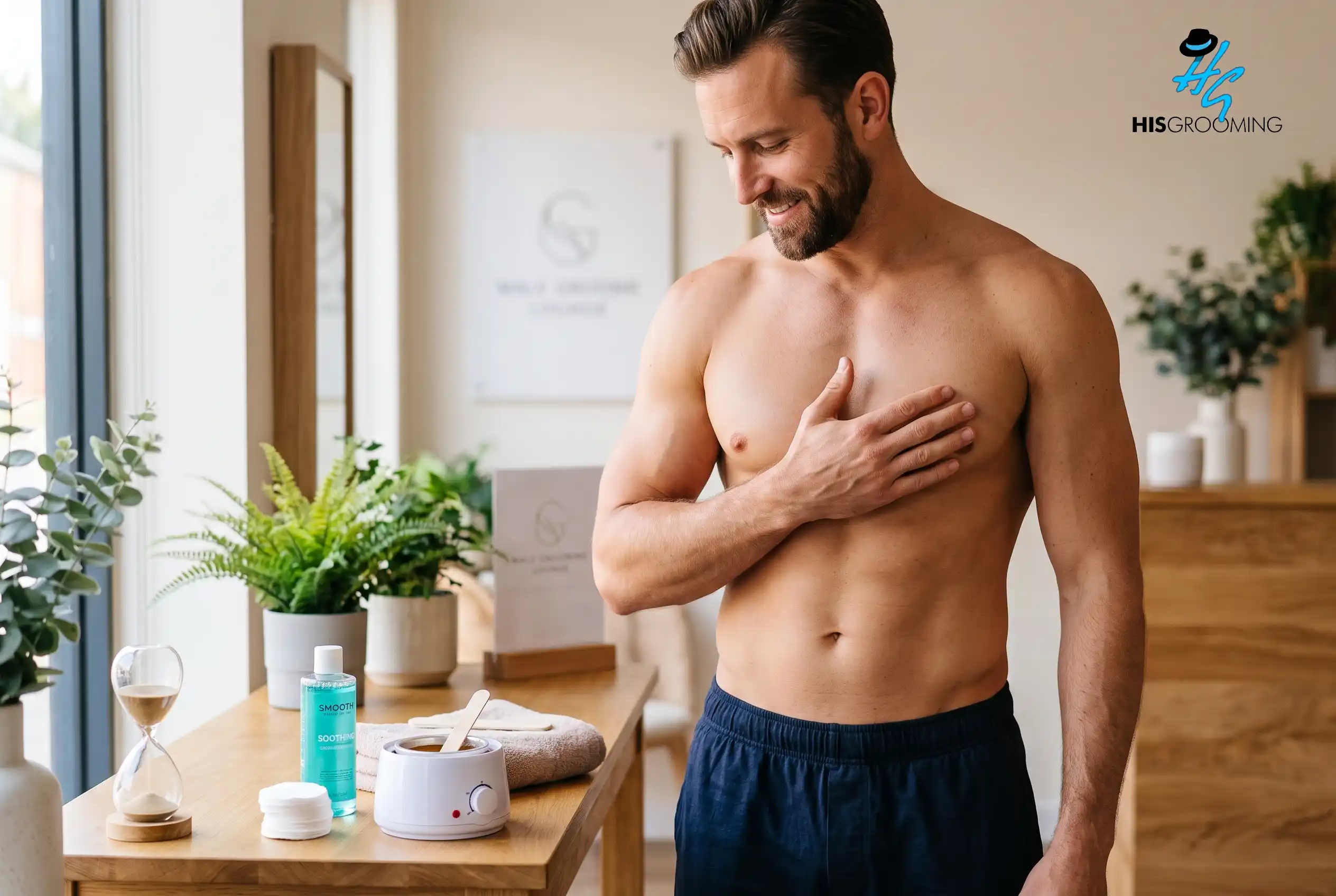 Man checking smooth chest skin after waxing, showing how long chest waxing lasts
