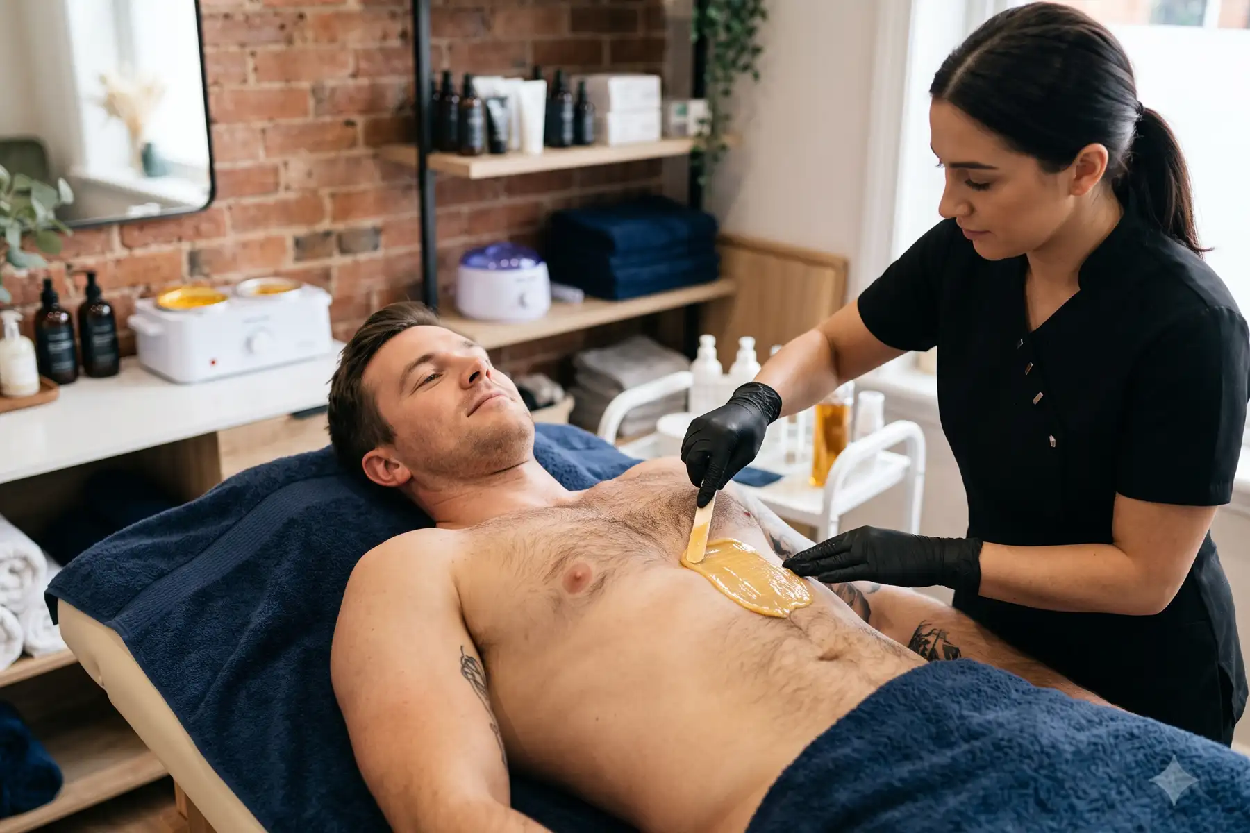 Therapist applying wax to a man's chest, avoiding common waxing mistakes men make