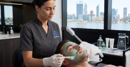 Therapist applying a clay mask during a facial for oily skin men at a Perth grooming clinic