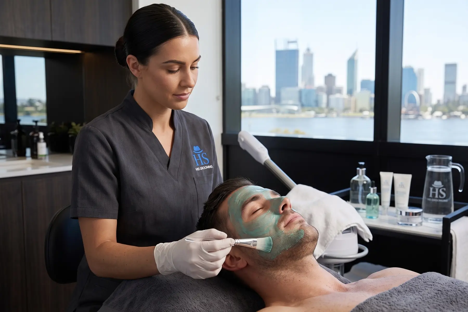 Therapist applying a clay mask during a facial for oily skin men at a Perth grooming clinic
