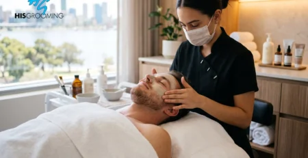Man receiving mens facial treatment Perth at HisGrooming skin clinic with river view