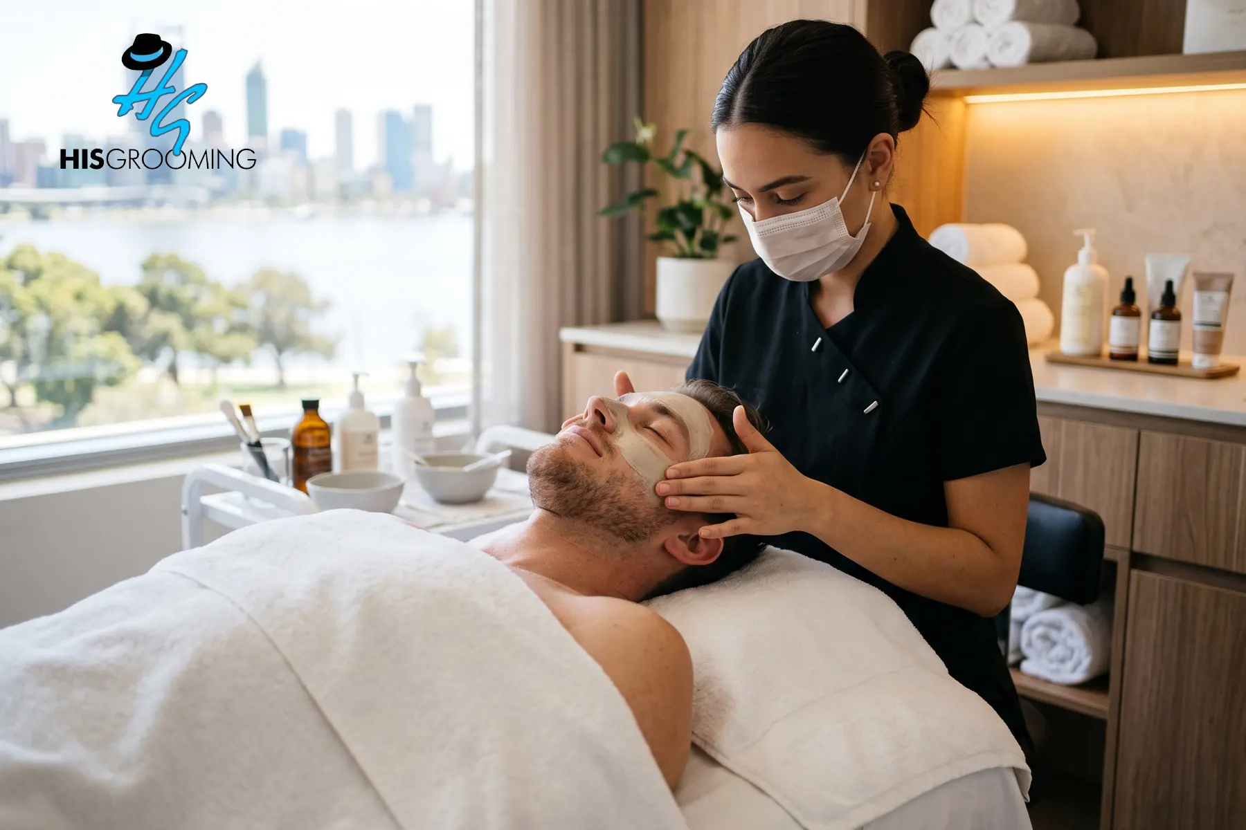 Man receiving mens facial treatment Perth at HisGrooming skin clinic with river view