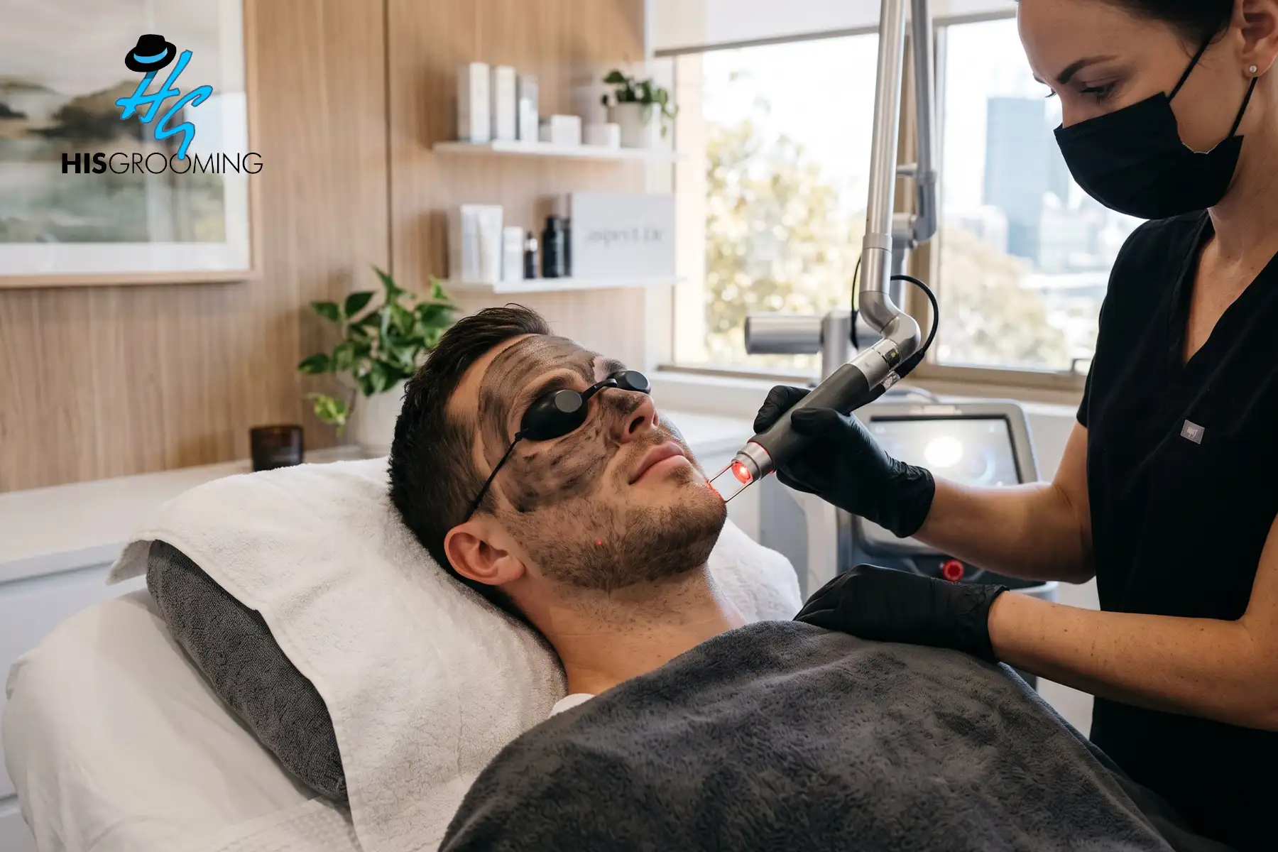Man receiving a carbon facial for men in Perth using a Q-switched laser at His Grooming