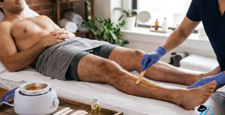 Therapist waxing a man's leg, showing how often should men wax for smooth skin