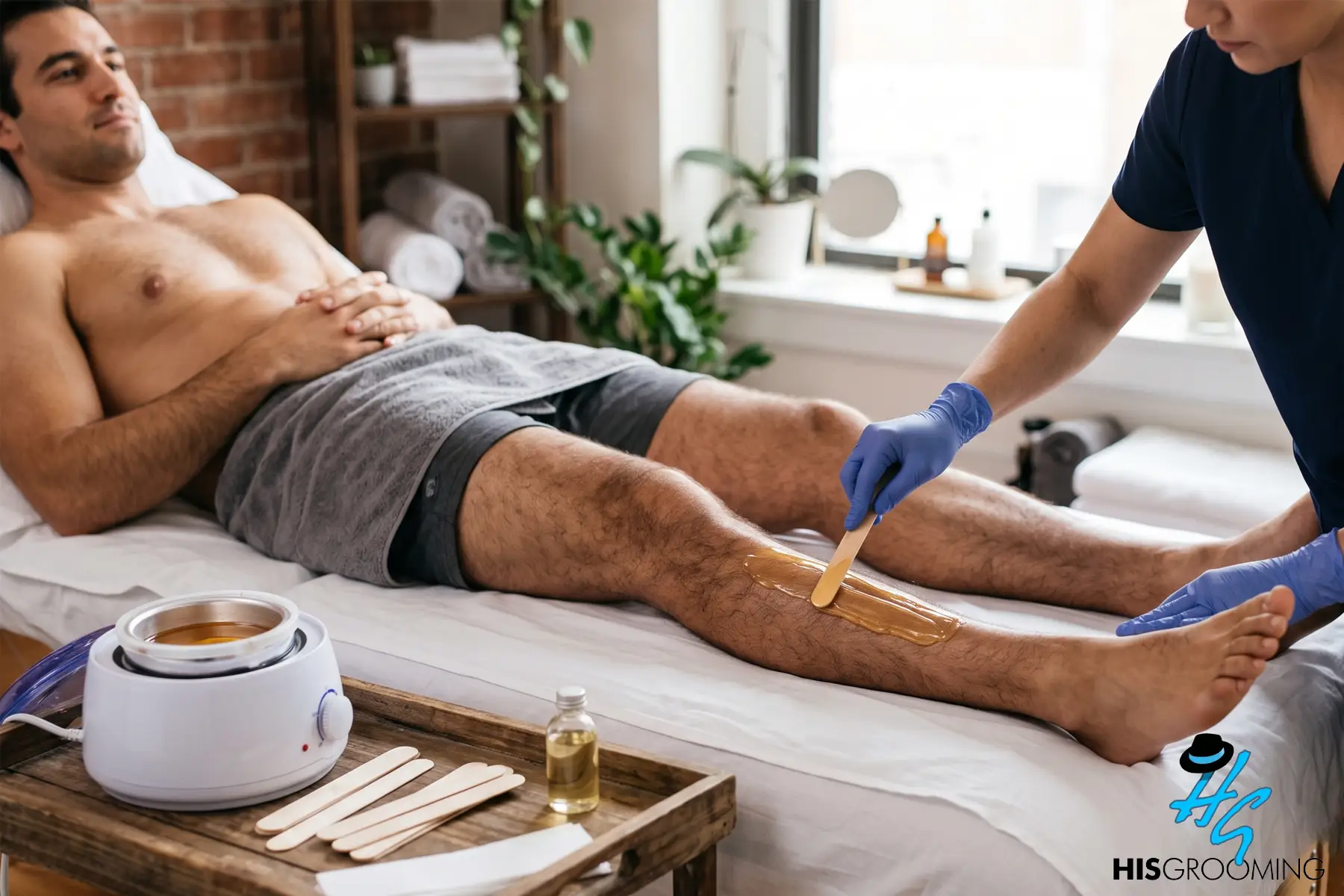 Therapist waxing a man's leg, showing how often should men wax for smooth skin