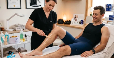 Waxing schedule for athletes: cyclist getting leg wax treatment at grooming salon
