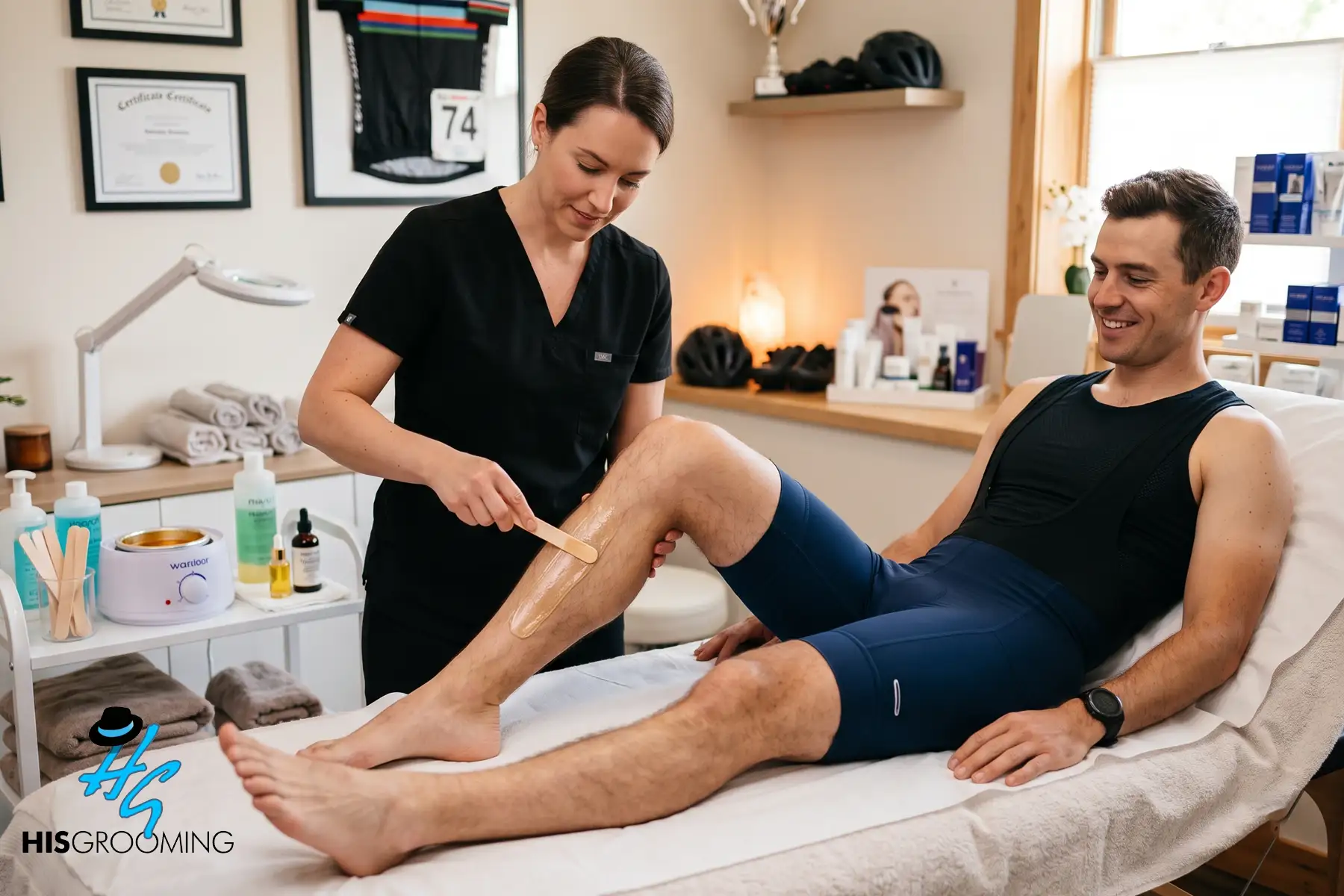 Waxing schedule for athletes: cyclist getting leg wax treatment at grooming salon