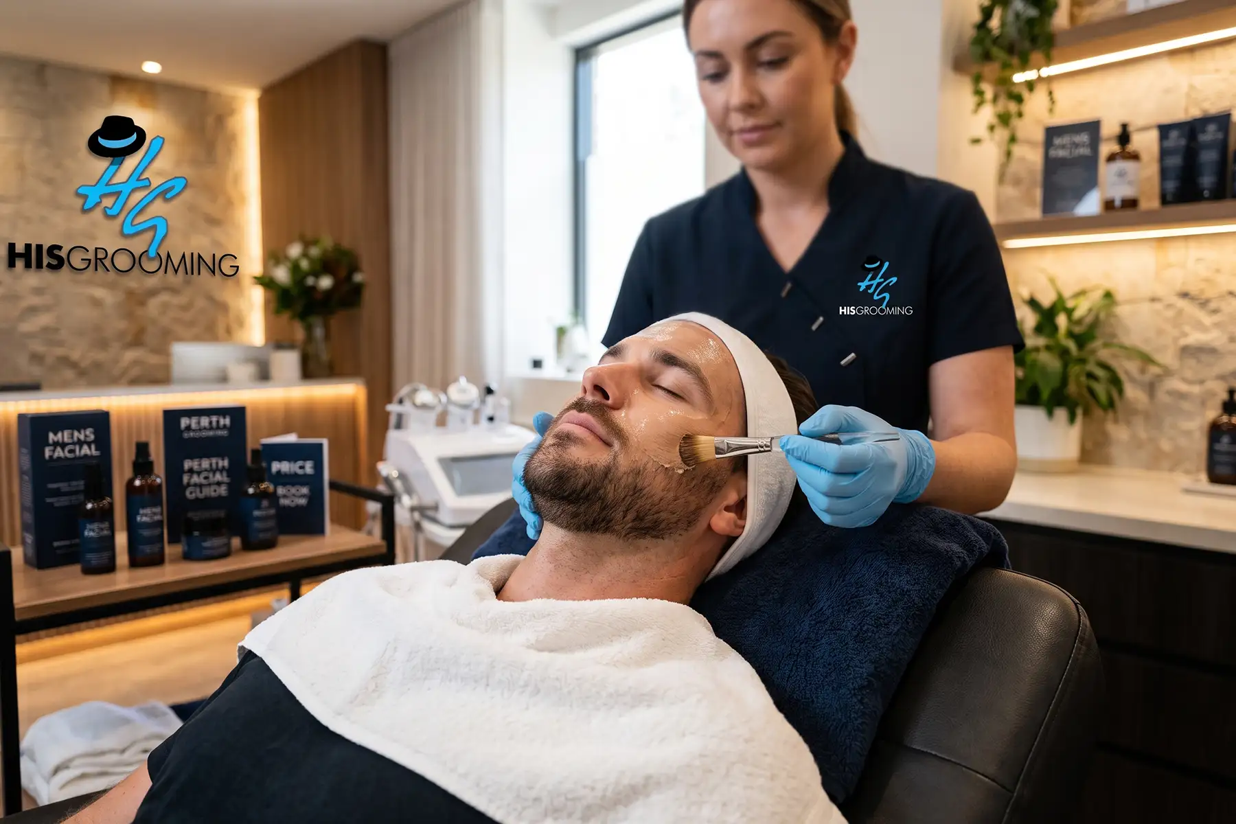 Men's facial treatment at HisGrooming Perth clinic, therapist applying mask to male client