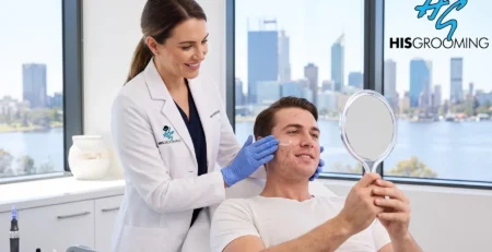 Male patient receiving acne scar treatment at His Grooming skin clinic in Perth with city skyline in background