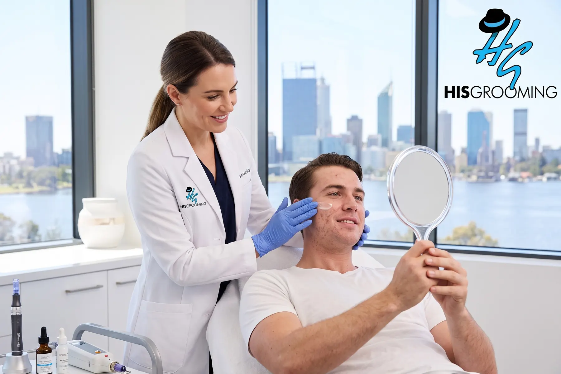 Male patient receiving acne scar treatment at His Grooming skin clinic in Perth with city skyline in background