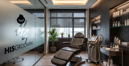 Private treatment room at a men’s grooming South Perth clinic with a laser machine, treatment chair and skincare products