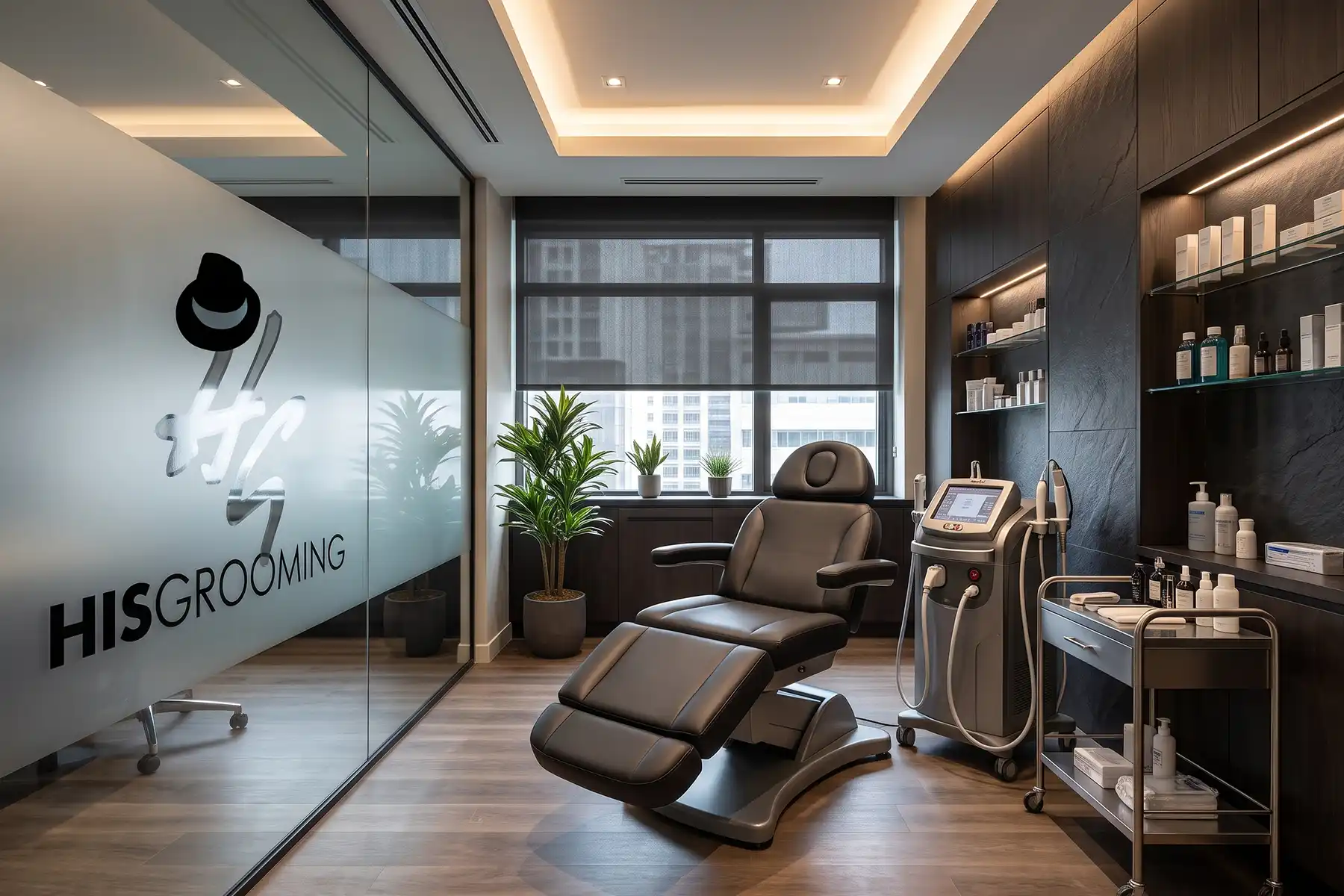 Private treatment room at a men’s grooming South Perth clinic with a laser machine, treatment chair and skincare products