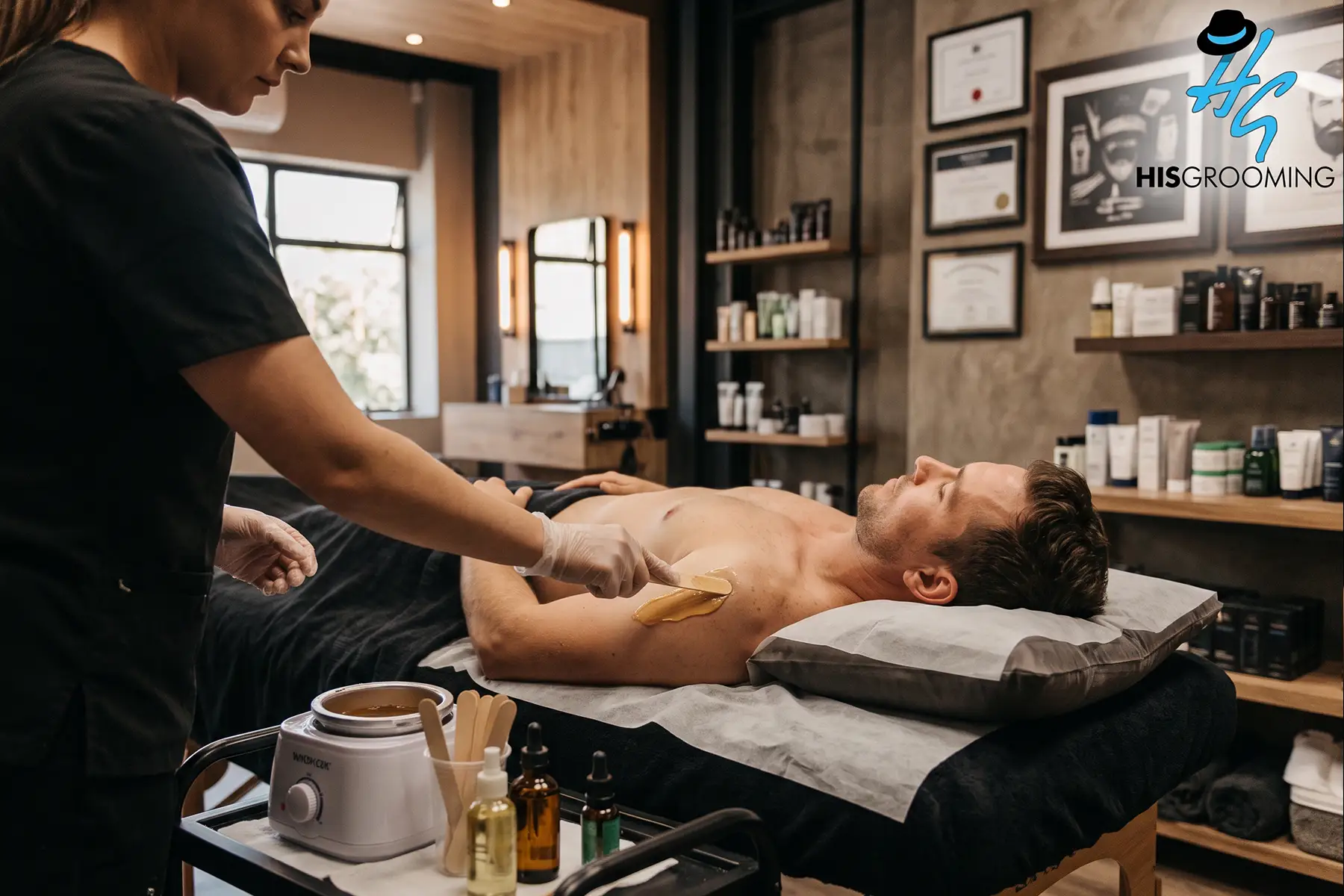 Therapist applying warm wax to a man’s underarm during a mens waxing Claremont appointment at His Grooming