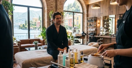 Man in a dark robe sits on a treatment table while a therapist prepares wax during a mens waxing como appointment