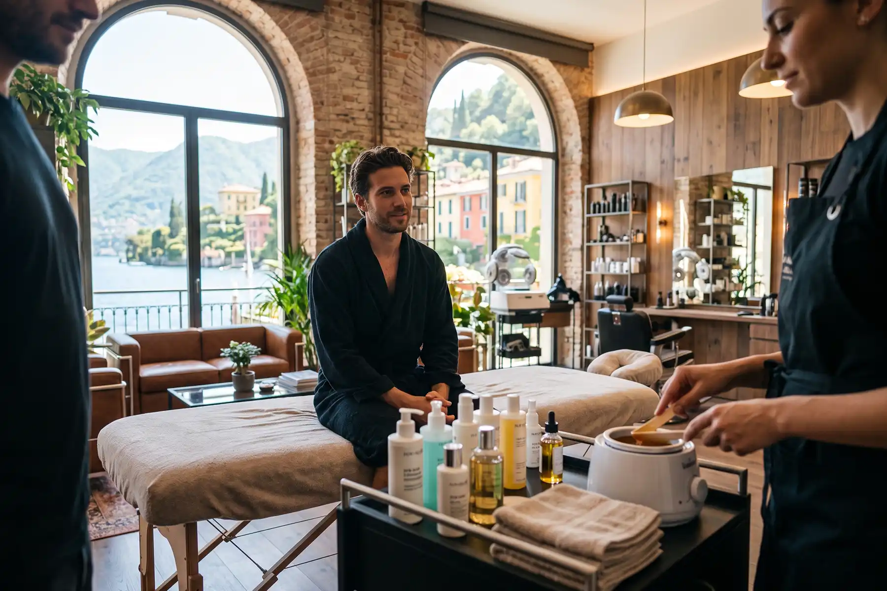 Man in a dark robe sits on a treatment table while a therapist prepares wax during a mens waxing como appointment