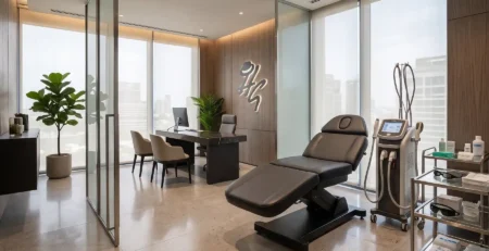 Private treatment room for laser hair removal Claremont with a diode laser machine, treatment bed, and protective eyewear