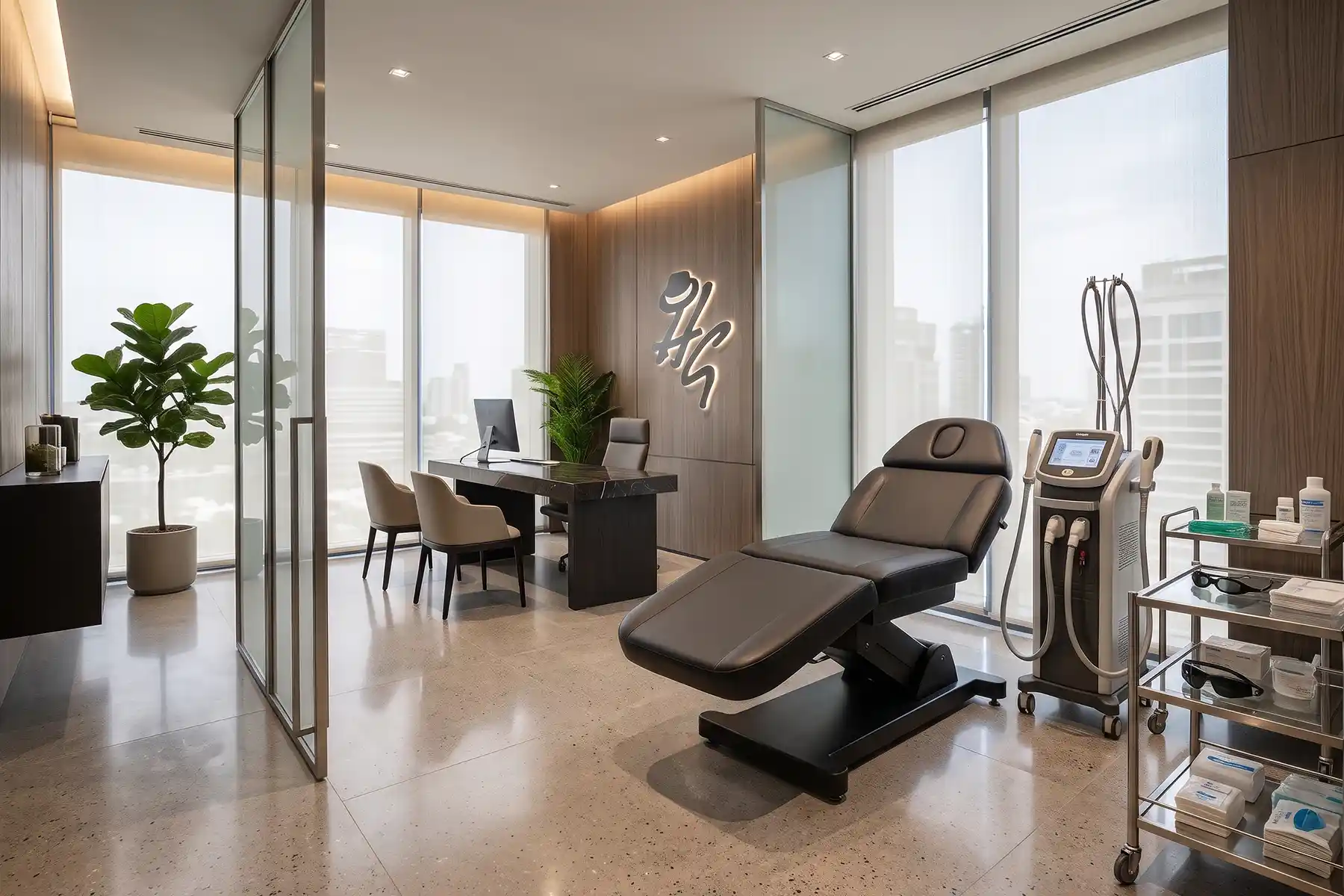 Private treatment room for laser hair removal Claremont with a diode laser machine, treatment bed, and protective eyewear