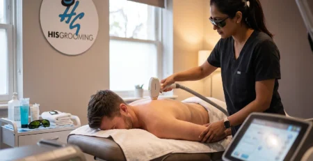 Practitioner giving a man laser hair removal Como treatment on his back at His Grooming