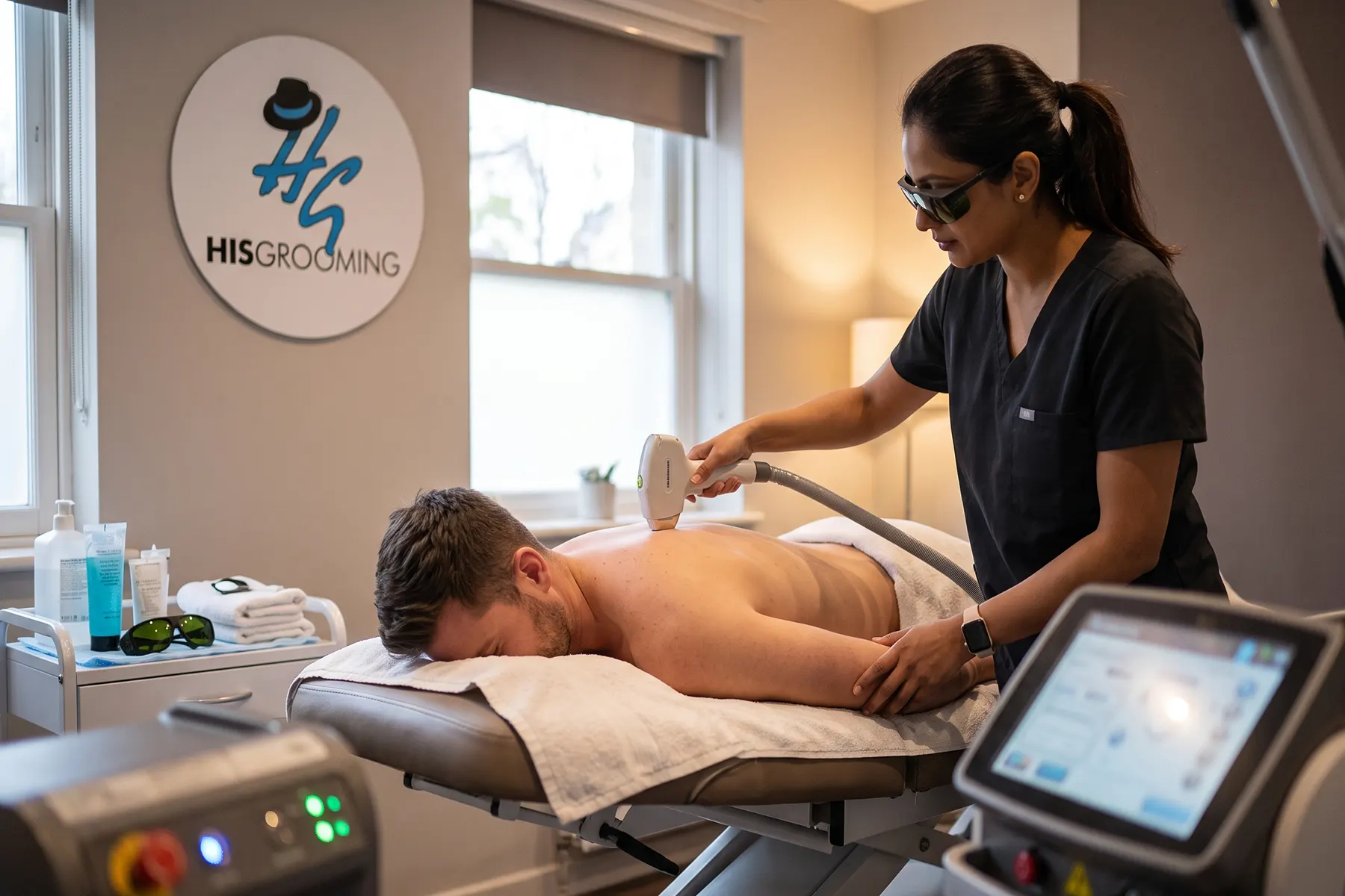Practitioner giving a man laser hair removal Como treatment on his back at His Grooming